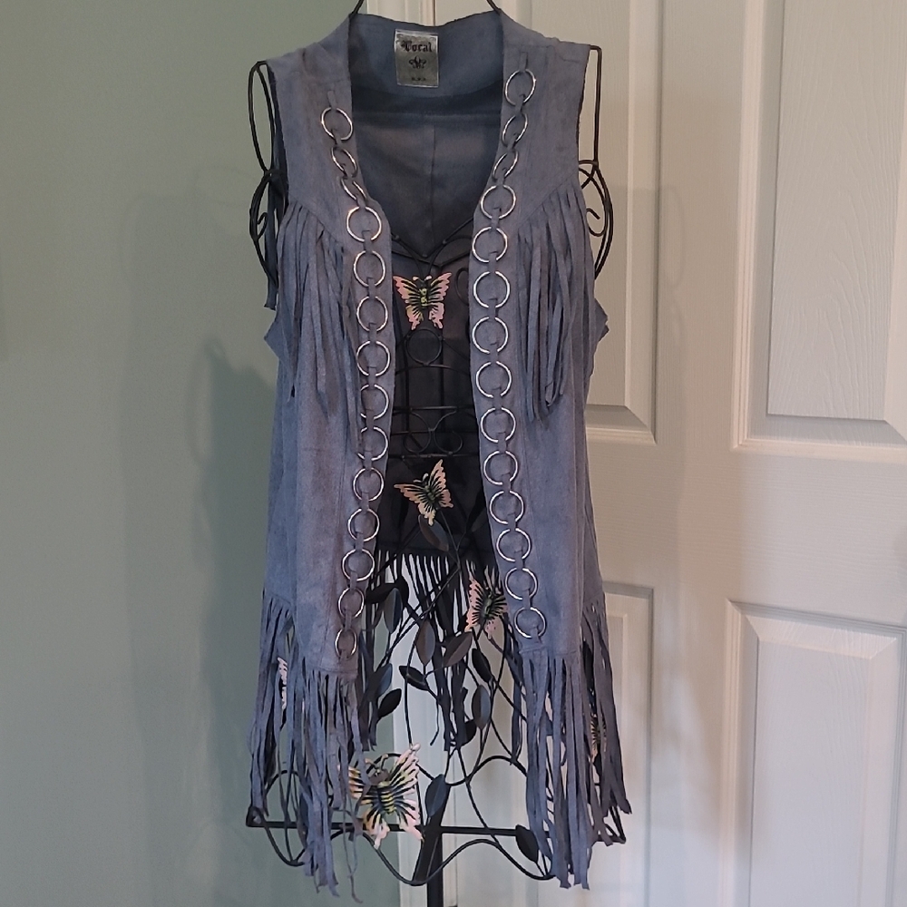 Vocal Blue Fringe Vest with Silver Rings M